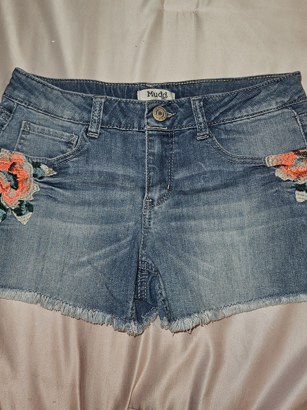 Mudd Light Blue Denim Cutoff Shorts with Coral Floral Embroidery